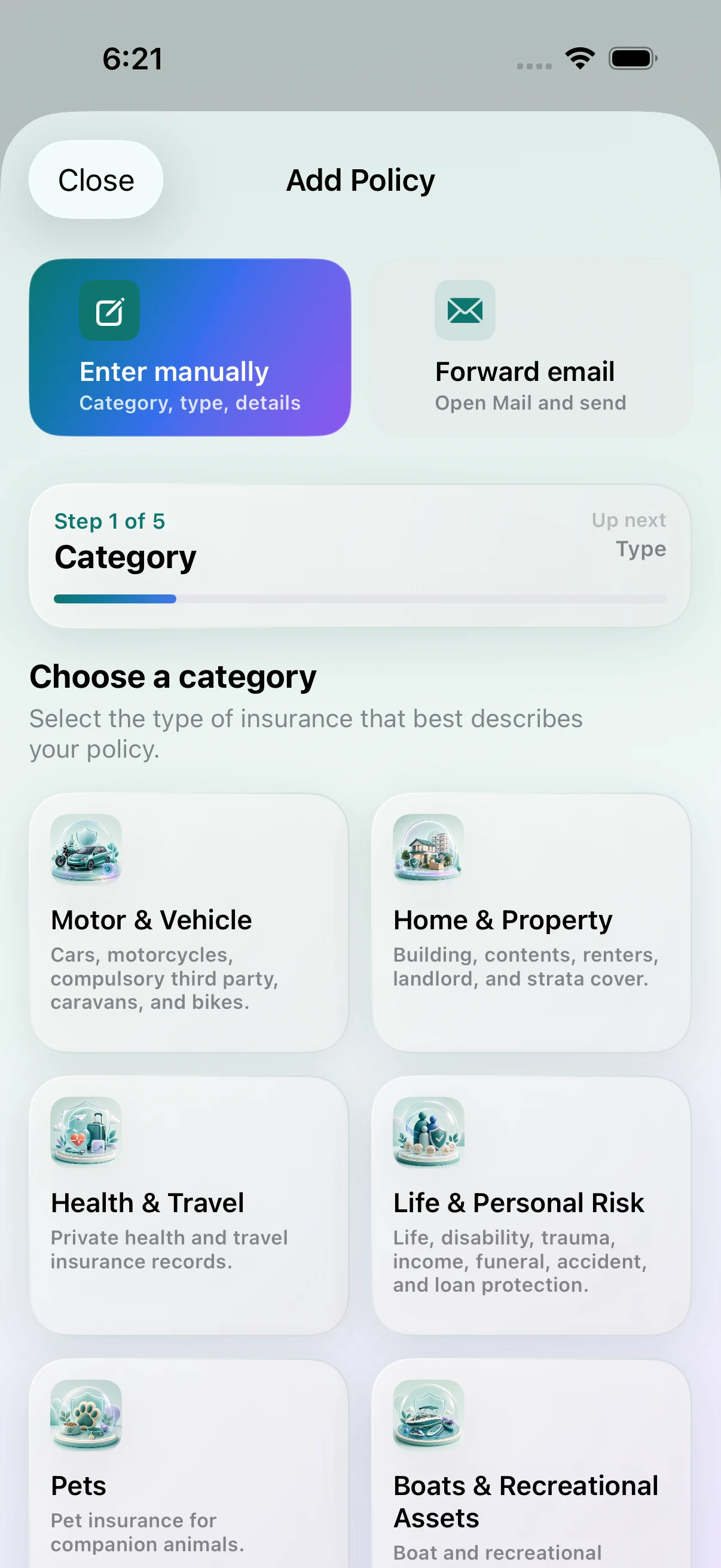 Insia iOS add policy flow showing manual and email entry with insurance categories