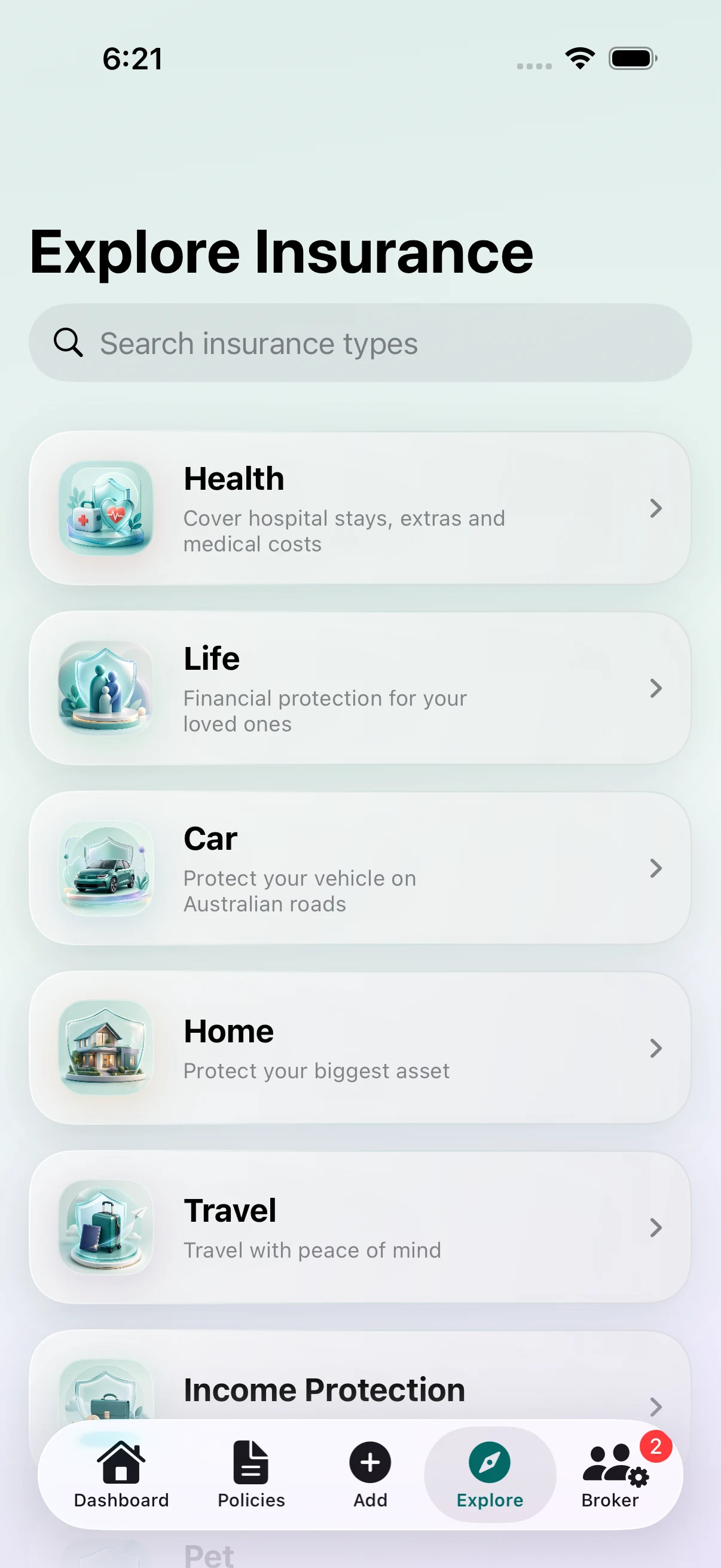 Insia iOS Explore Insurance screen with common insurance categories