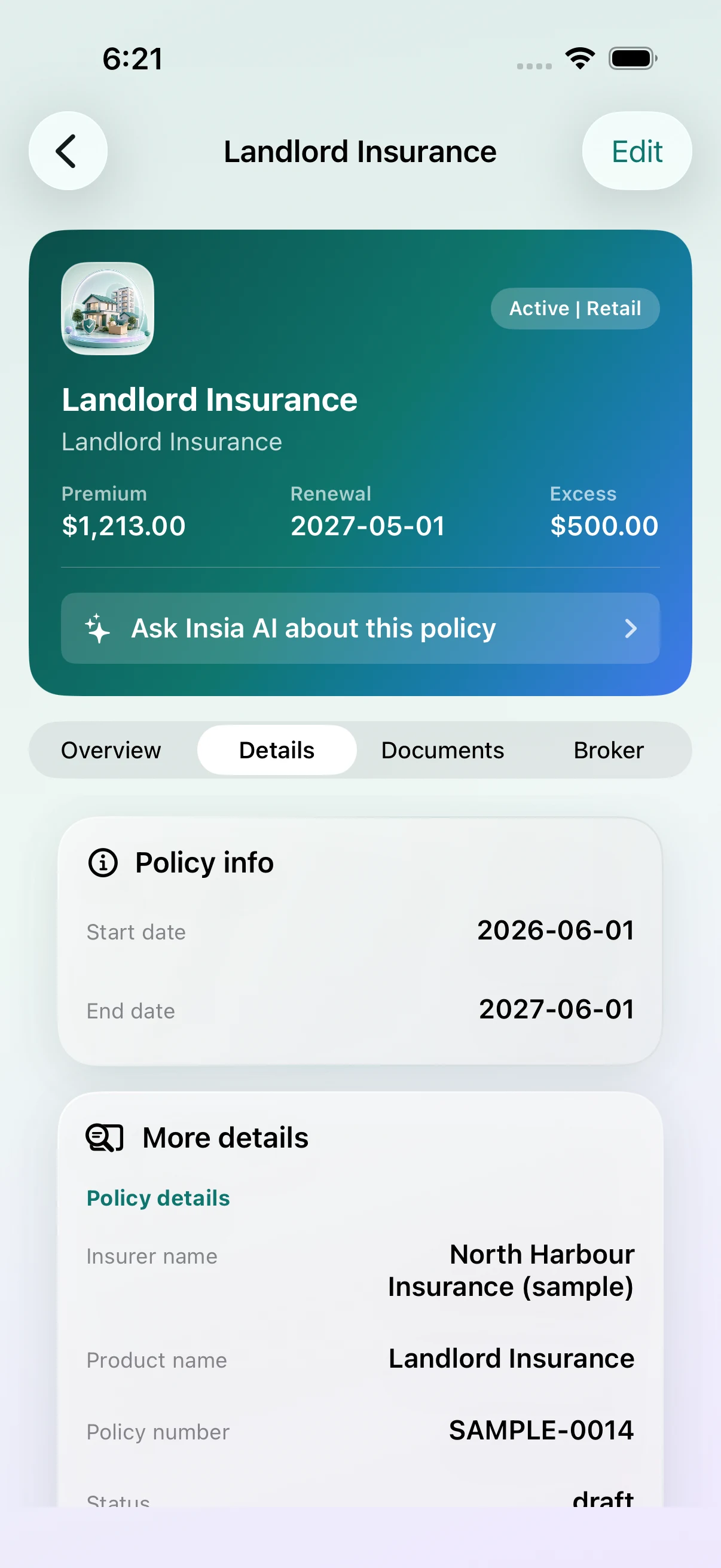 Insia iOS policy details tab with synthetic dates, policy number and cover fields