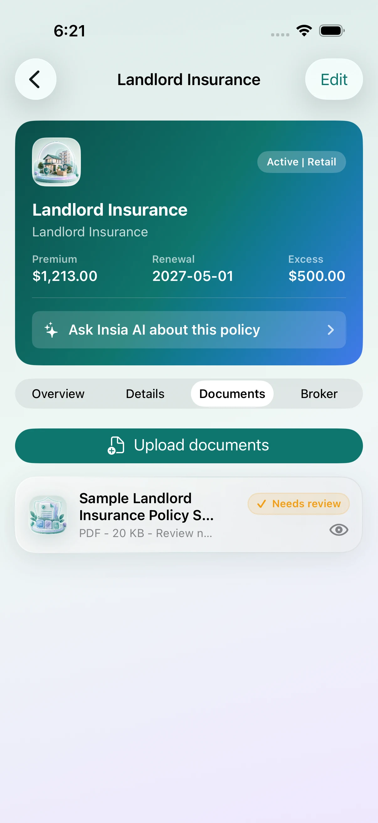 Insia iOS documents tab showing a synthetic landlord policy schedule awaiting review