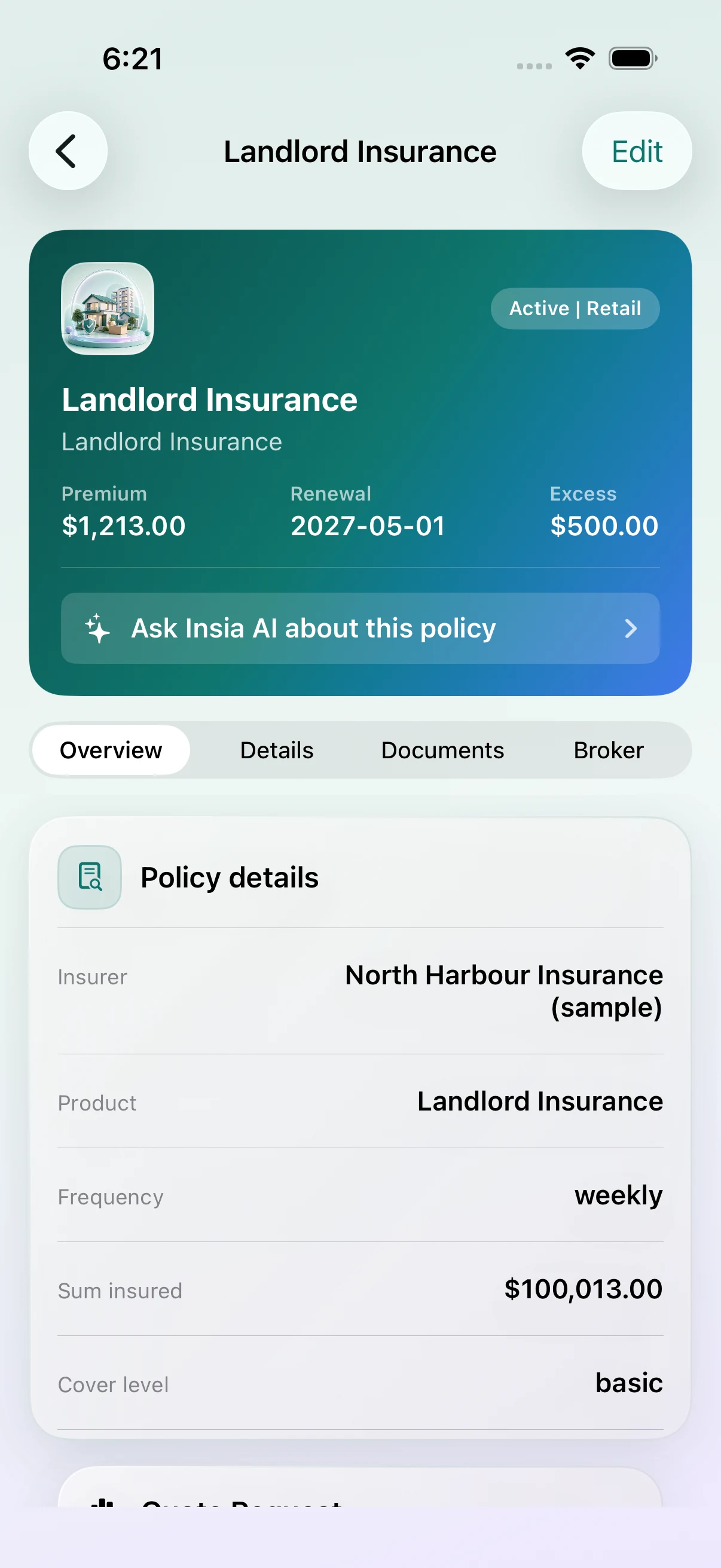 Insia iOS synthetic landlord policy overview with premium, renewal and source details