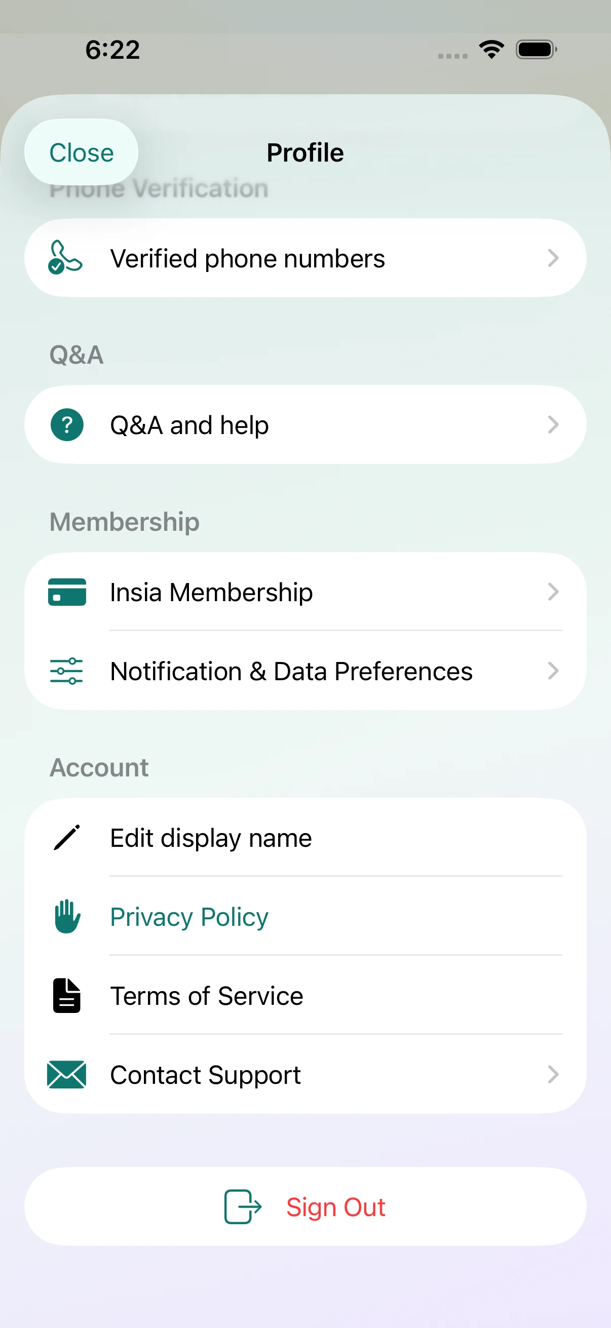 Insia iOS profile settings showing data preferences, privacy, terms and support controls
