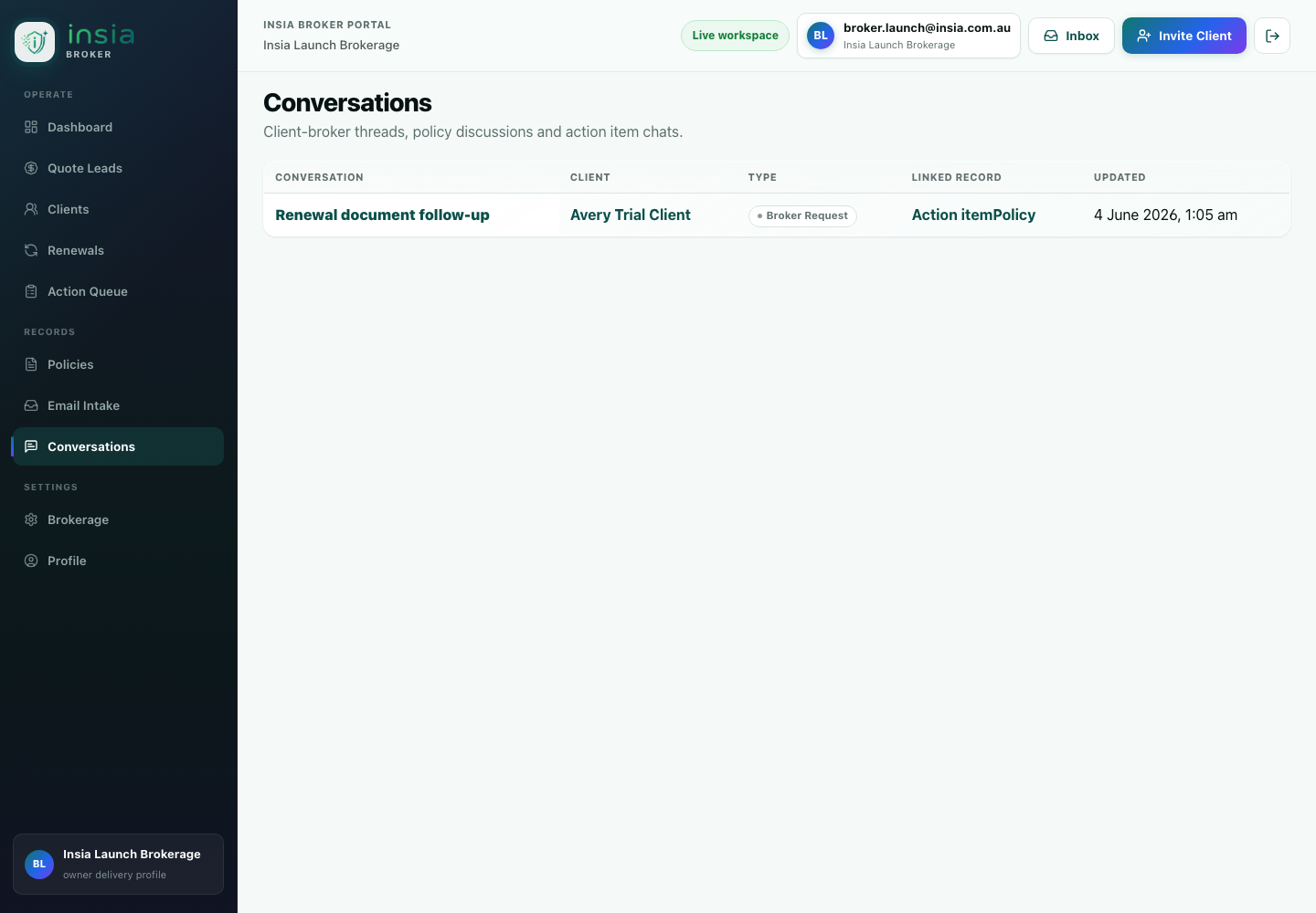 Broker workspace client conversations